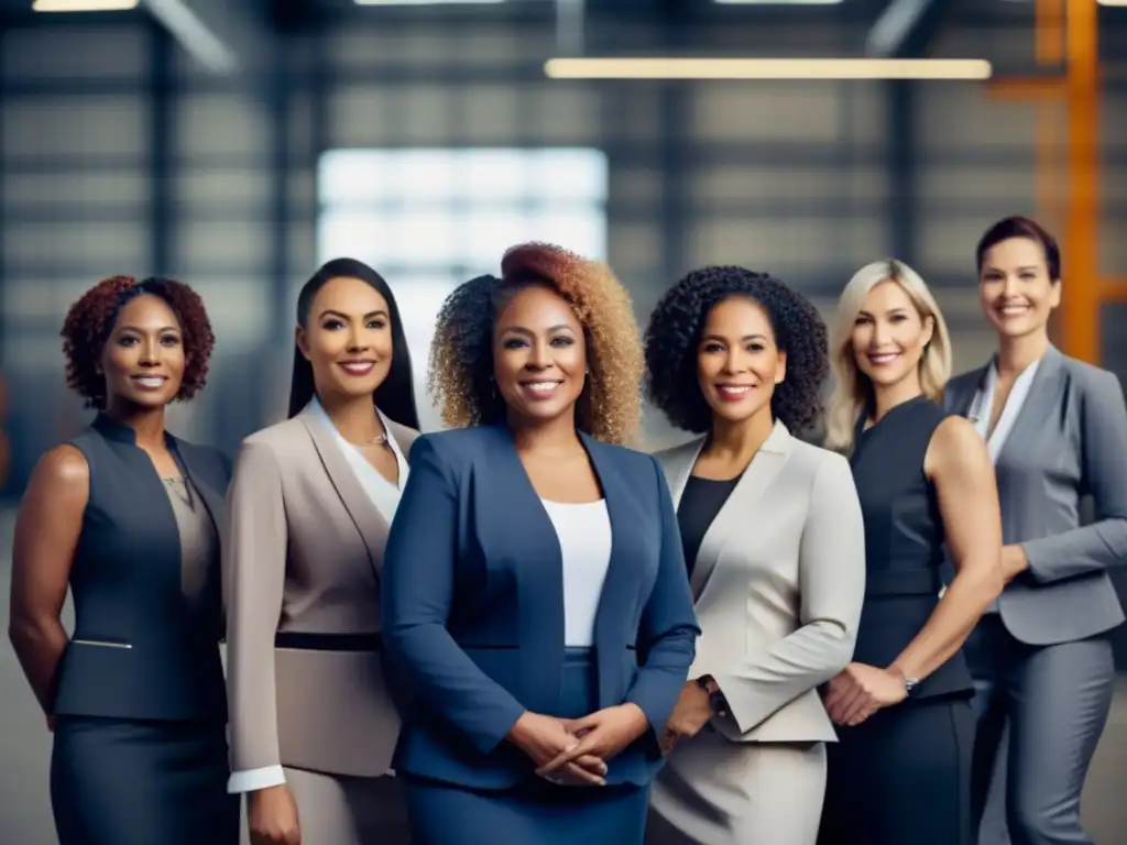 Un grupo diverso de mujeres innovadoras en la industria, líderes visionarias en un entorno industrial moderno, radiando determinación y visión