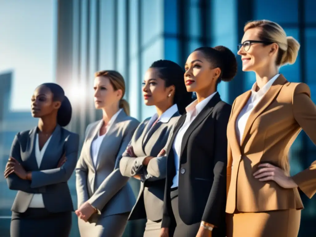 Un grupo diverso de mujeres innovadoras en la industria biografías, seguras frente a un edificio moderno, simbolizando liderazgo y profesionalismo