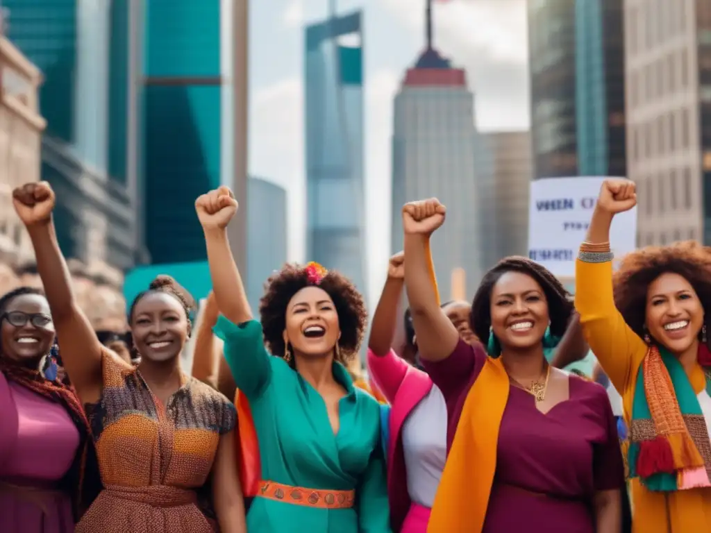 Un grupo diverso de mujeres líderes en movimientos sociales históricos, unidas y decididas, levantan los puños en señal de solidaridad en una protesta