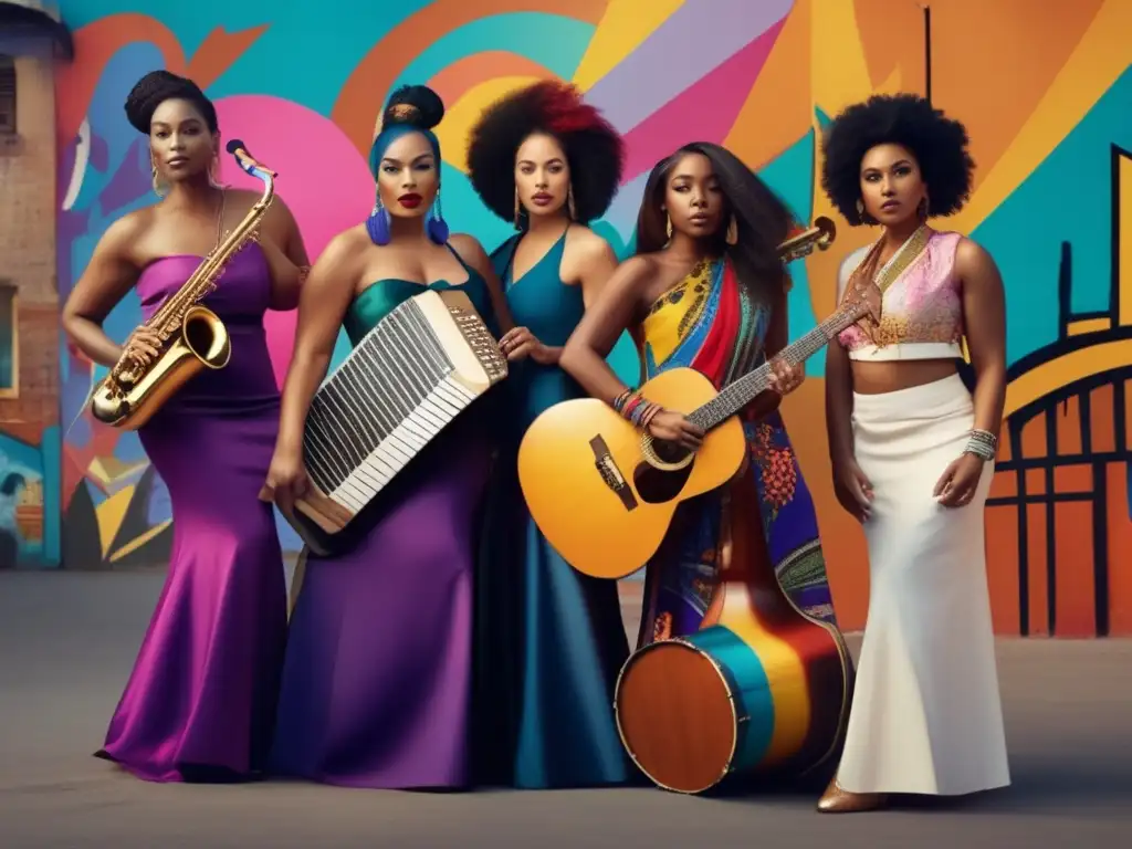 Un grupo diverso de mujeres músicas en una ciudad vibrante, con expresiones determinadas