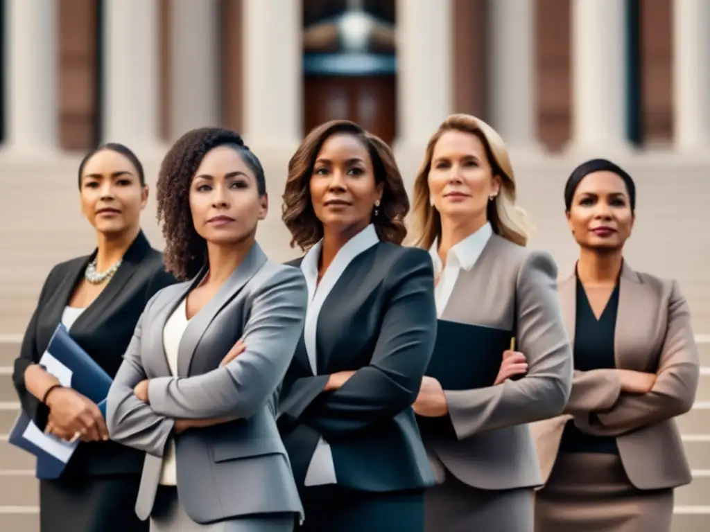 Un grupo diverso de mujeres pioneras en la batalla legal, con trajes profesionales, en actitud confiada frente a un tribunal, simbolizando empoderamiento y progreso en el campo legal