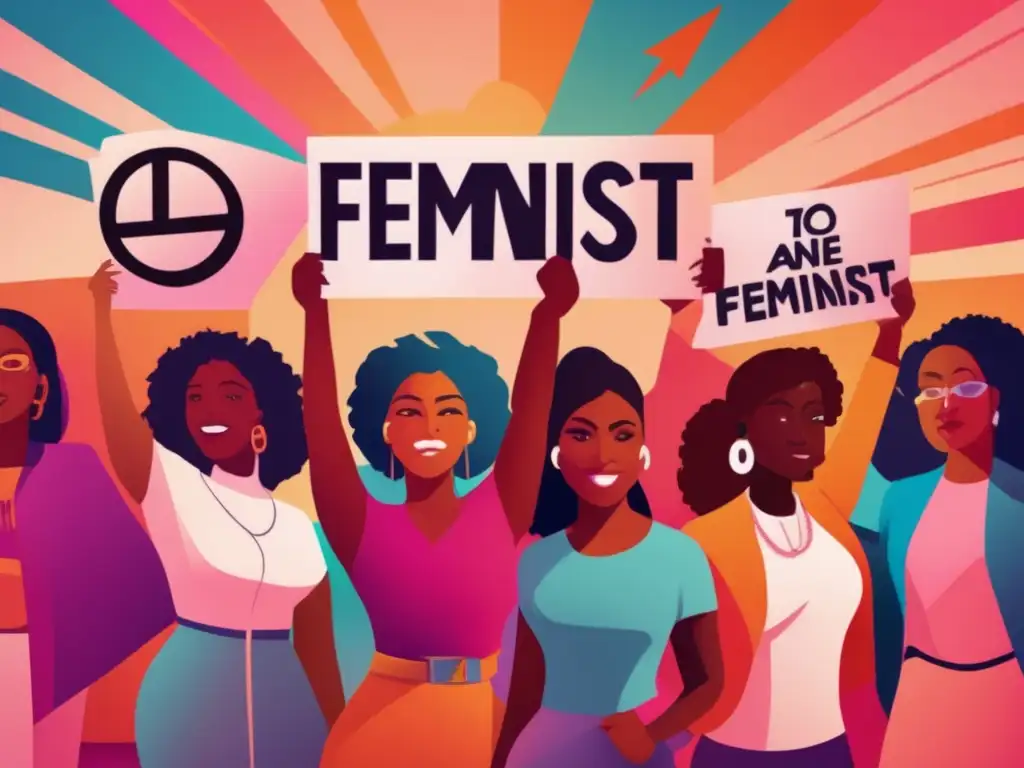 Un grupo diverso de mujeres se manifiesta en una protesta pacífica, sosteniendo pancartas con consignas feministas