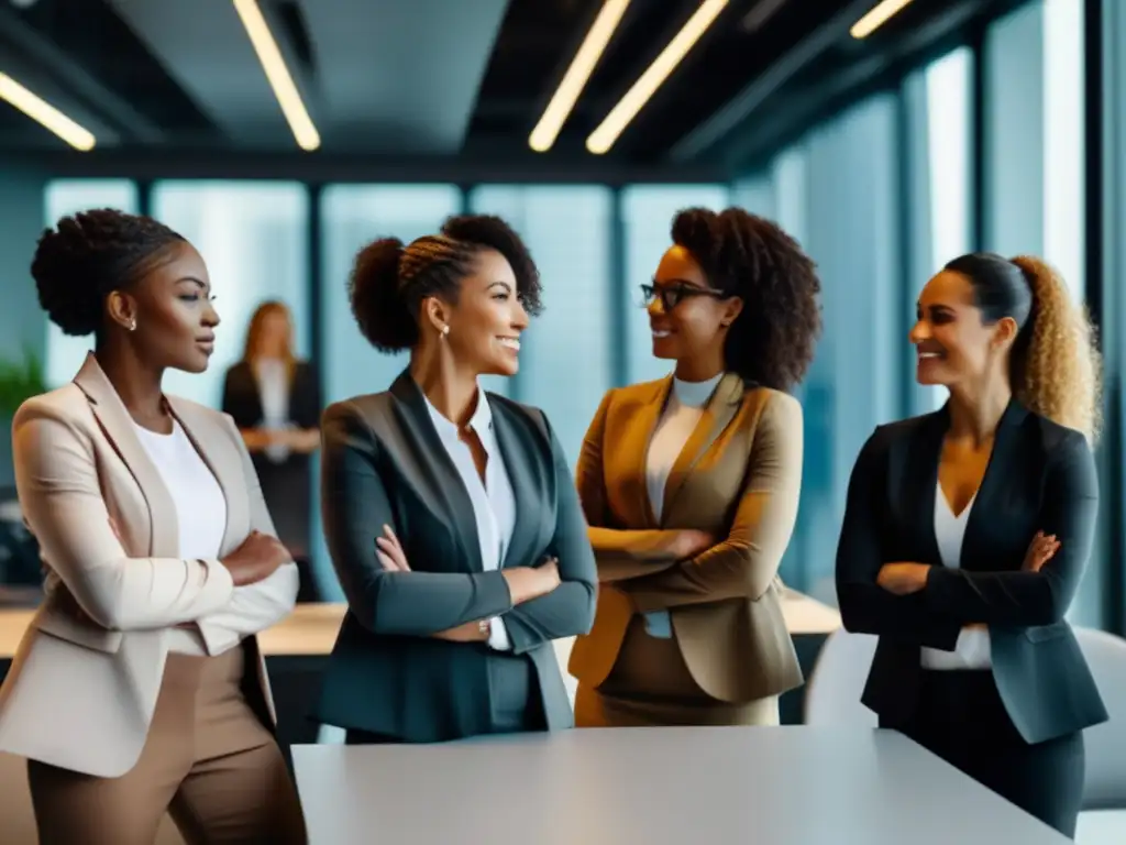 Un grupo diverso de mujeres con trajes profesionales dialogando en una oficina moderna, reflejando liderazgo y determinación