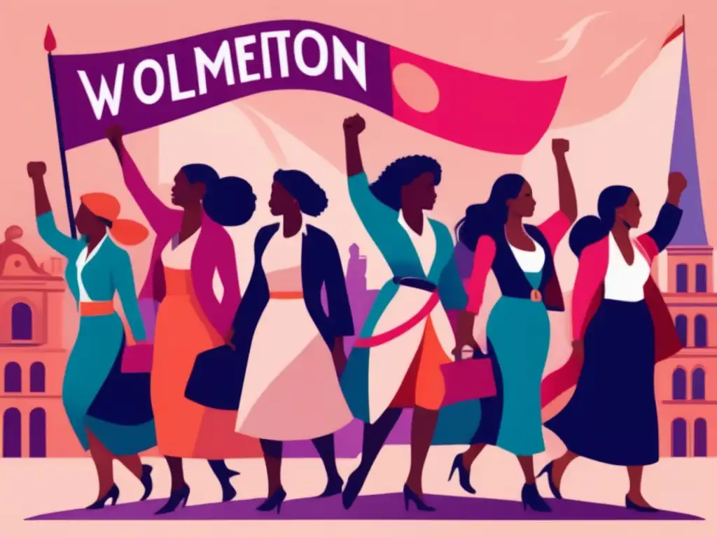 Un grupo diverso de mujeres marcha unido con pancartas por los 'Derechos de la mujer en la Revolución Francesa', en un ambiente de determinación y fuerza durante la lucha por la igualdad de género