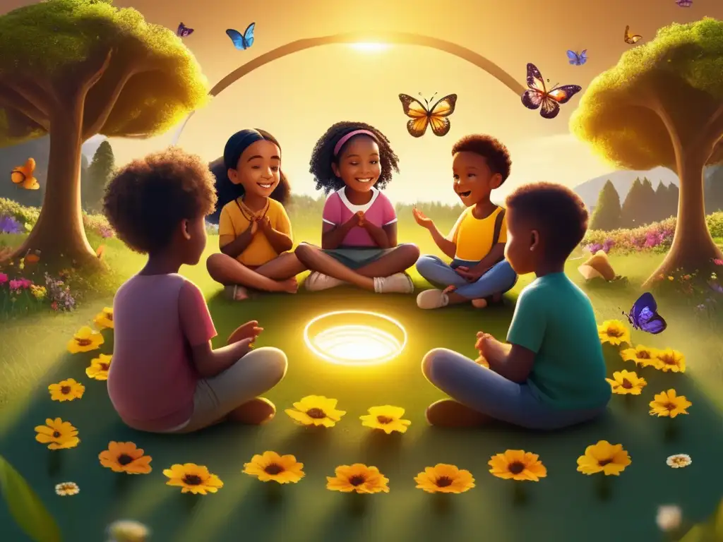 Un grupo diverso de niños escucha atentamente a un narrador mientras disfrutan de la naturaleza