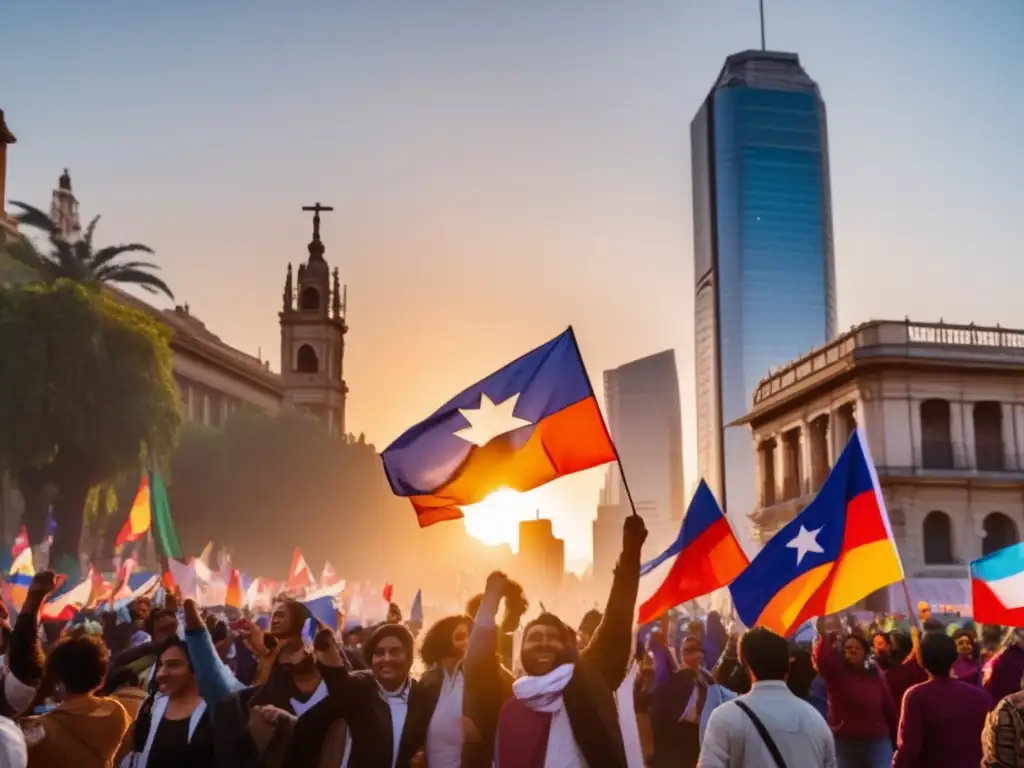 Un grupo diverso marcha con pancartas y banderas coloridas en las calles de Santiago, Chile, en búsqueda de la visión socialista de Salvador Allende
