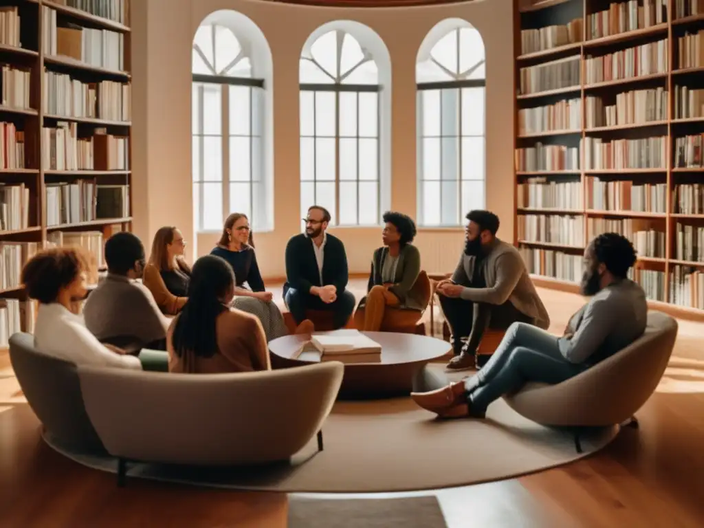 Un grupo diverso de personas participa en una animada discusión filosófica en un ambiente cálido y acogedor, rodeado de libros de filosofía e historia