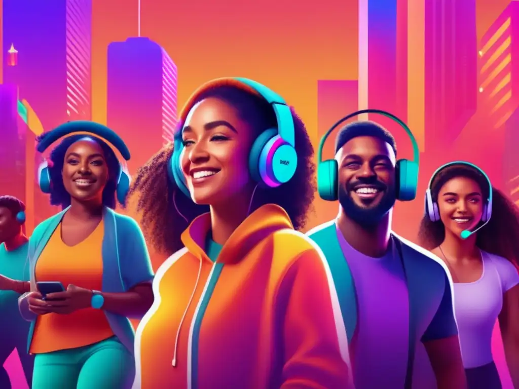 Un grupo diverso de personas escucha música con auriculares en diferentes escenarios, representando la historia de Daniel Ek y Spotify