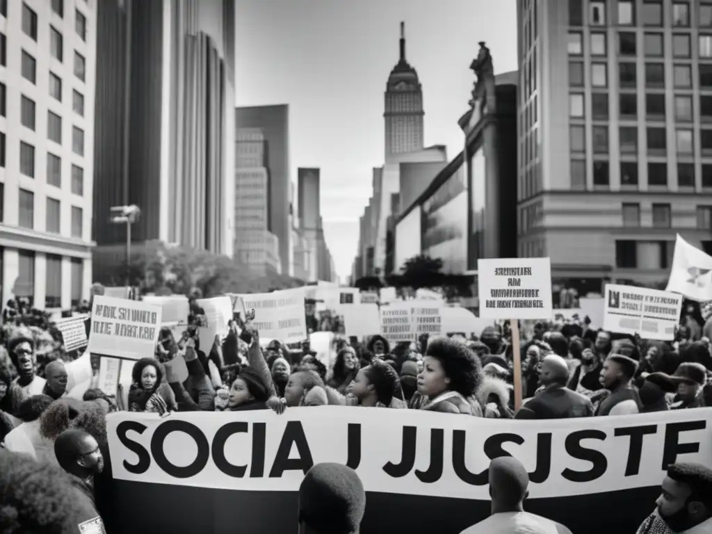 Un grupo diverso de personas sostiene carteles en protesta, en una impactante imagen en blanco y negro de arte callejero de JR