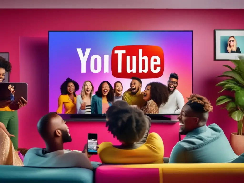 Un grupo diverso de personas se reúne alrededor de una gran pantalla, viendo videos de YouTube con expresiones de risa, asombro y compromiso