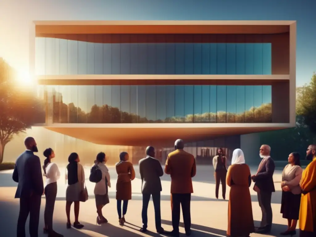 Un grupo diverso de personas de diferentes orígenes culturales y religiosos se reúne frente a un edificio gubernamental moderno de cristal, simbolizando la convivencia de la religión y la democracia en una sociedad moderna y diversa