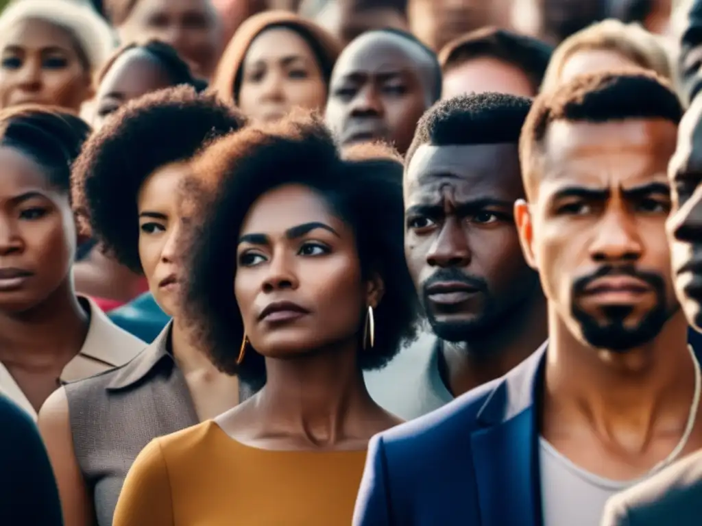 Un grupo diverso de personas de pie en fila, expresando emociones que reflejan la complejidad de la desigualdad en tiempos de crisis económica