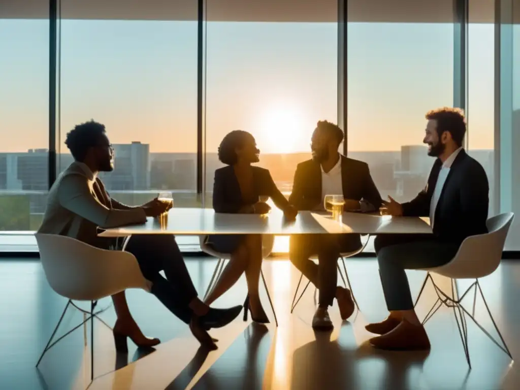 Un grupo diverso de personas dialoga con respeto en un espacio luminoso y moderno