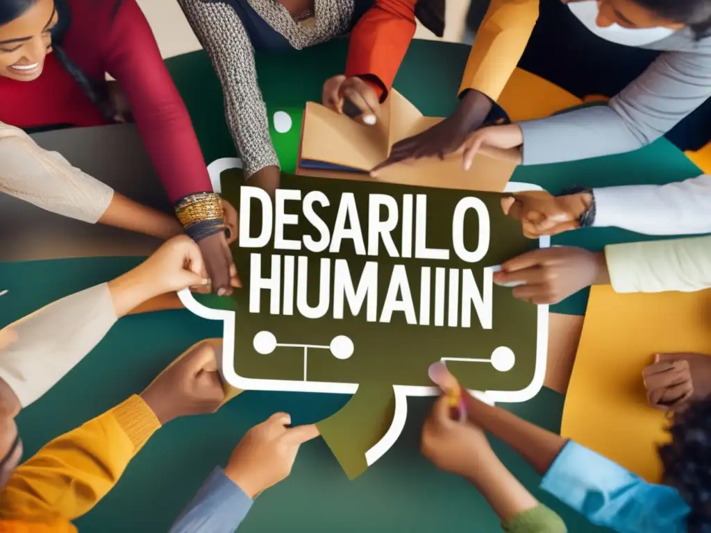 Un grupo diverso y unido participa en una actividad colaborativa, reflejando el desarrollo humano más allá del PIB según la visión de Mahbub ul Haq