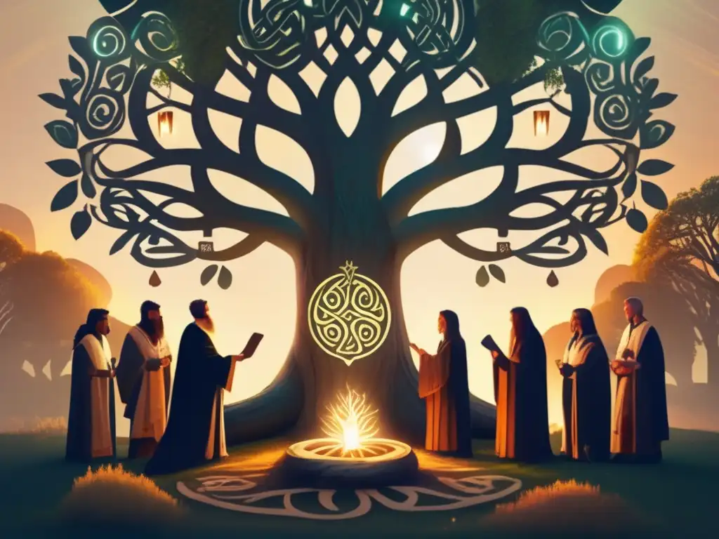 Un grupo de druidas celtas realiza un ritual sagrado alrededor de un árbol, con energía mística iluminando sus rostros