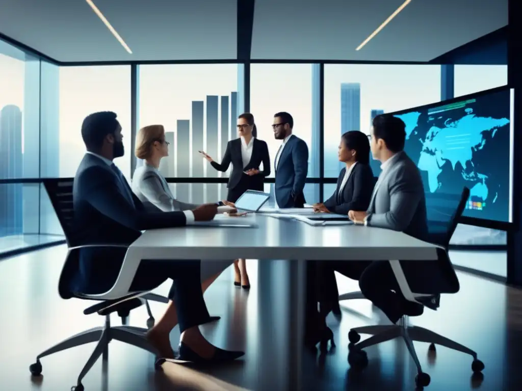 Un grupo de ejecutivos financieros en una sala de juntas de vidrio discuten con intensidad estrategias financieras
