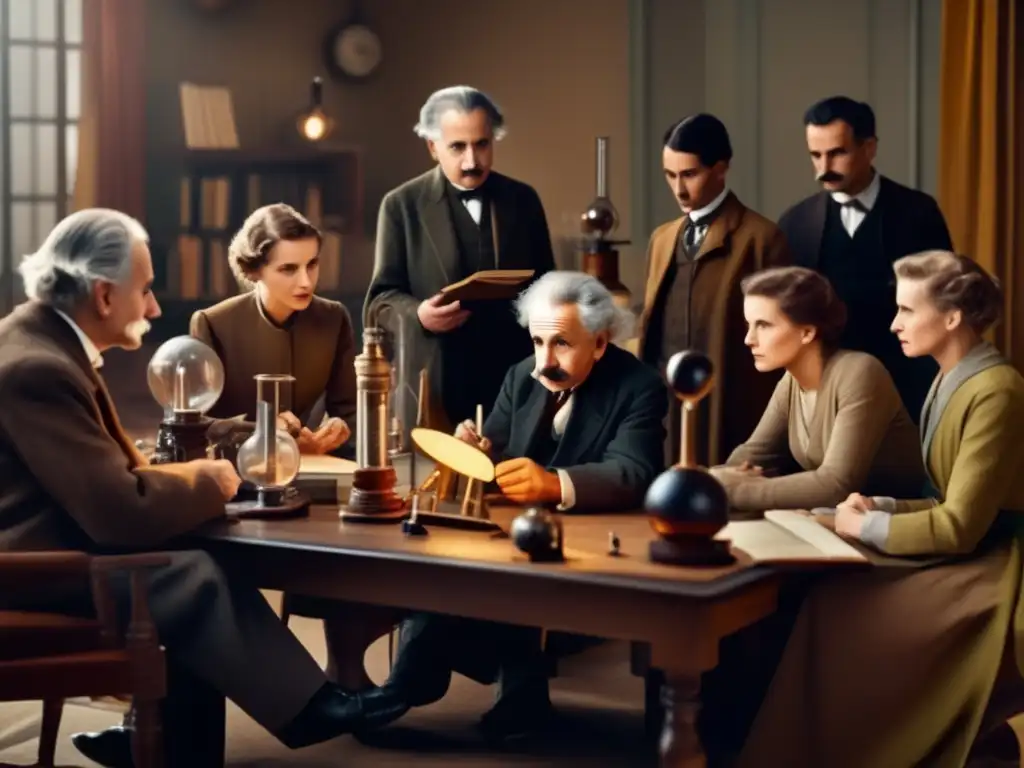Un grupo de eminentes científicos de diferentes épocas se reúnen en una mesa, inmersos en una intensa discusión