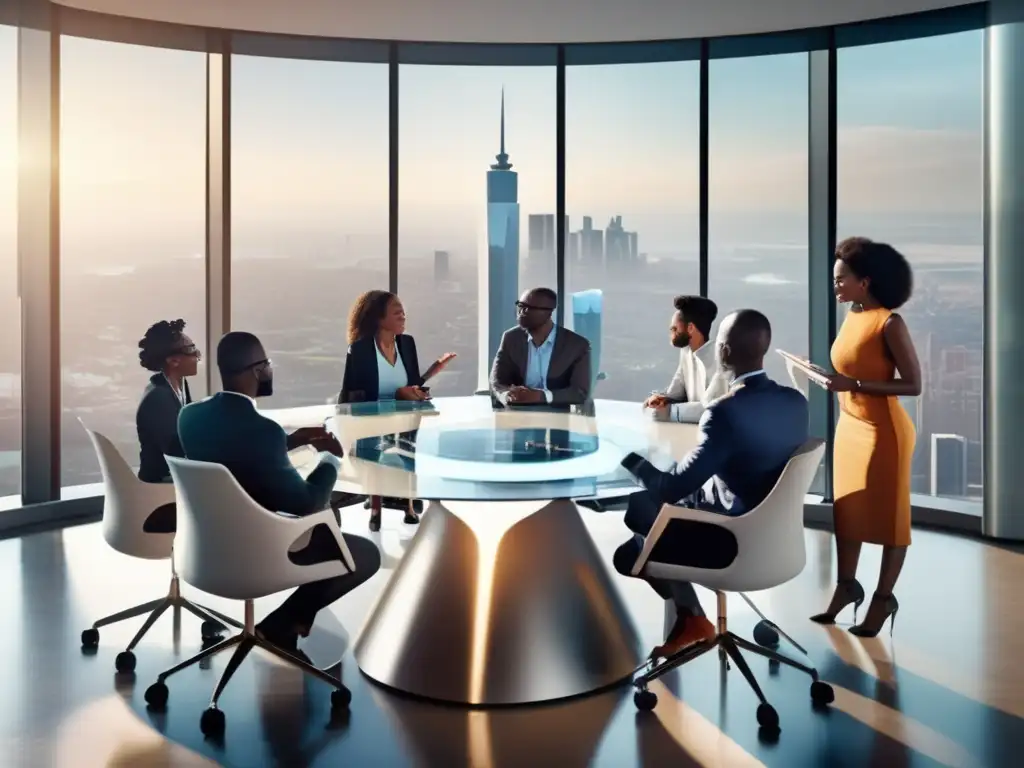 Un grupo de emprendedores dinámicos colaborando en soluciones de innovación financiera en África en una oficina de alto nivel con vistas a la ciudad