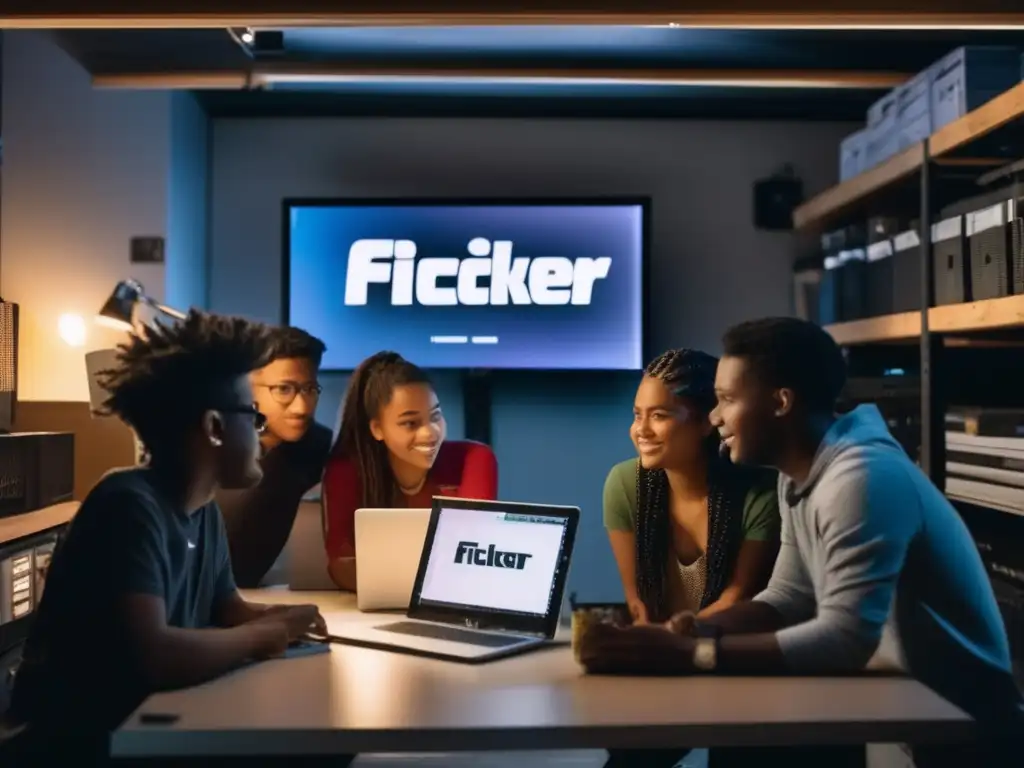 Un grupo de emprendedores tecnológicos rodea una computadora en un garaje con poca luz, discutiendo la creación de Flickr en la era digital
