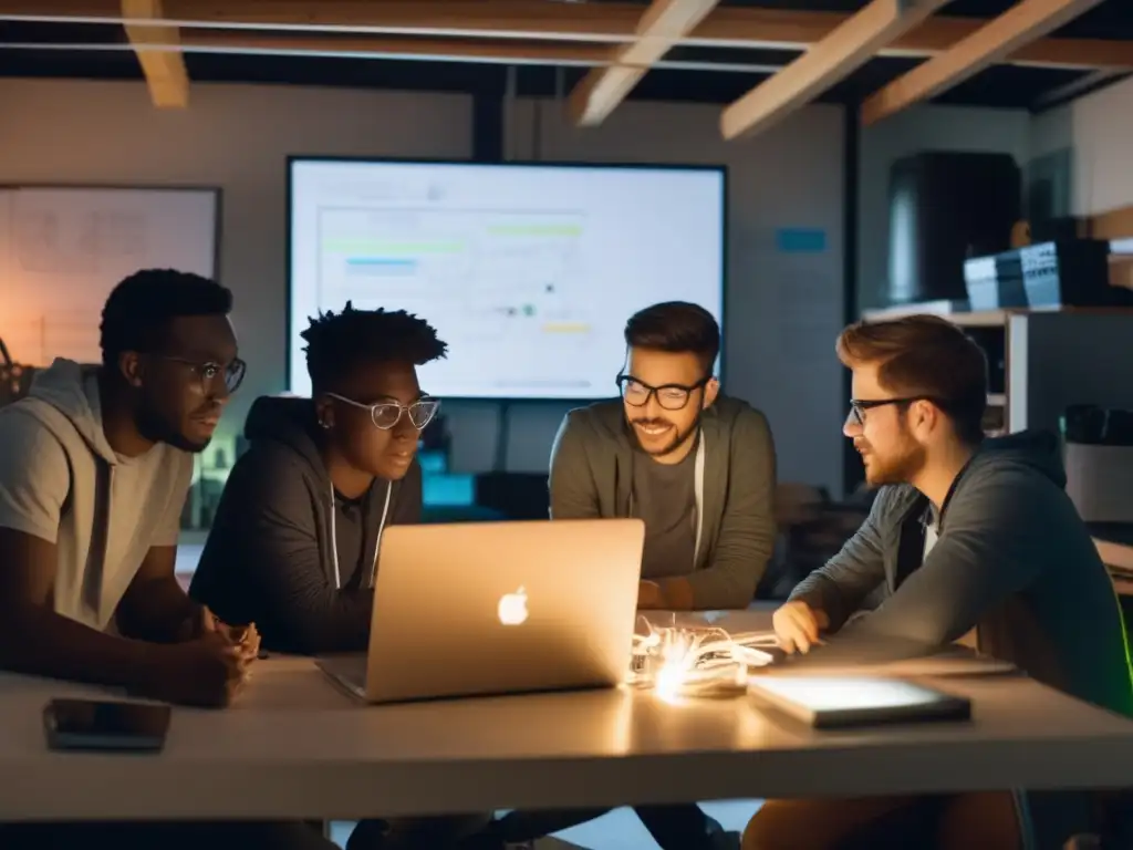 Un grupo de emprendedores tecnológicos se reúne en un garaje, discutiendo ideas alrededor de una computadora mientras la pantalla ilumina sus rostros