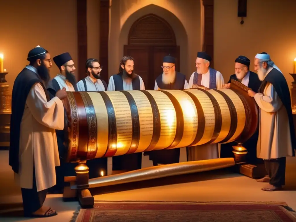 Profundos estudiosos examinan antiguo pergamino de la Torá Un grupo de eruditos rodea un antiguo pergamino de la Torá en una sala ornamentada y tenue, iluminada por velas