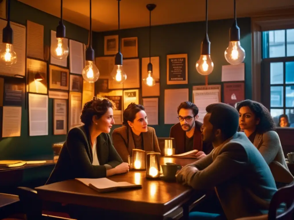 Un grupo de escritores exiliados famosos historia se reúne en un café, envueltos en una intensa conversación bajo la cálida luz vintage
