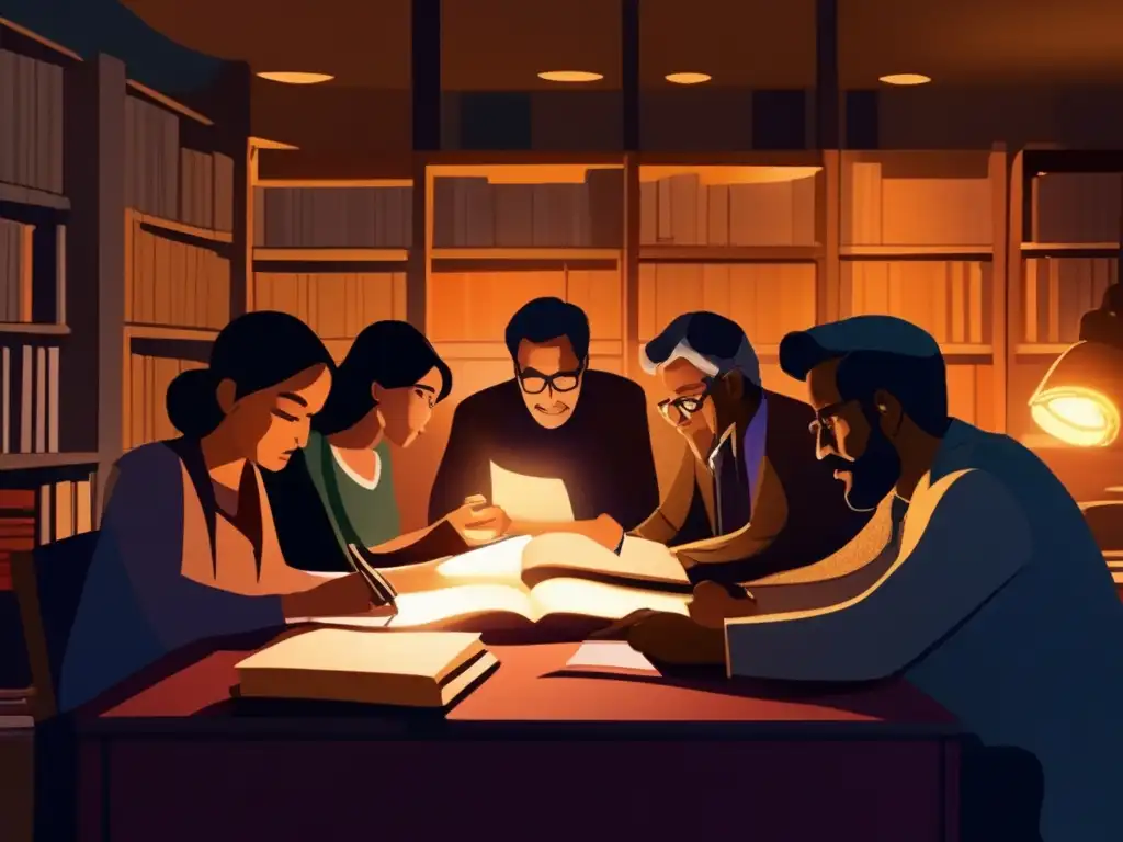 Un grupo de escritores exiliados famosos historia se reúnen en una habitación tenue, rodeados de libros y papeles