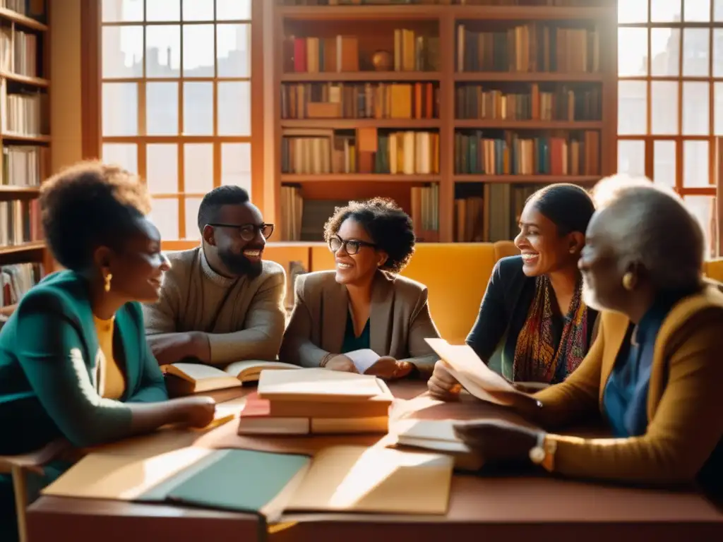 Un grupo de escritores e intelectuales postcoloniales discute apasionadamente en una sala llena de libros y arte vibrante