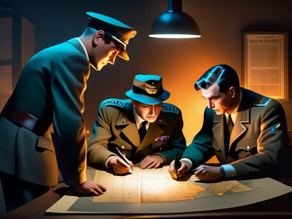 Un grupo de espías notables en plena estrategia durante el conflicto mundial, en una habitación tenue y ahumada durante la Segunda Guerra Mundial