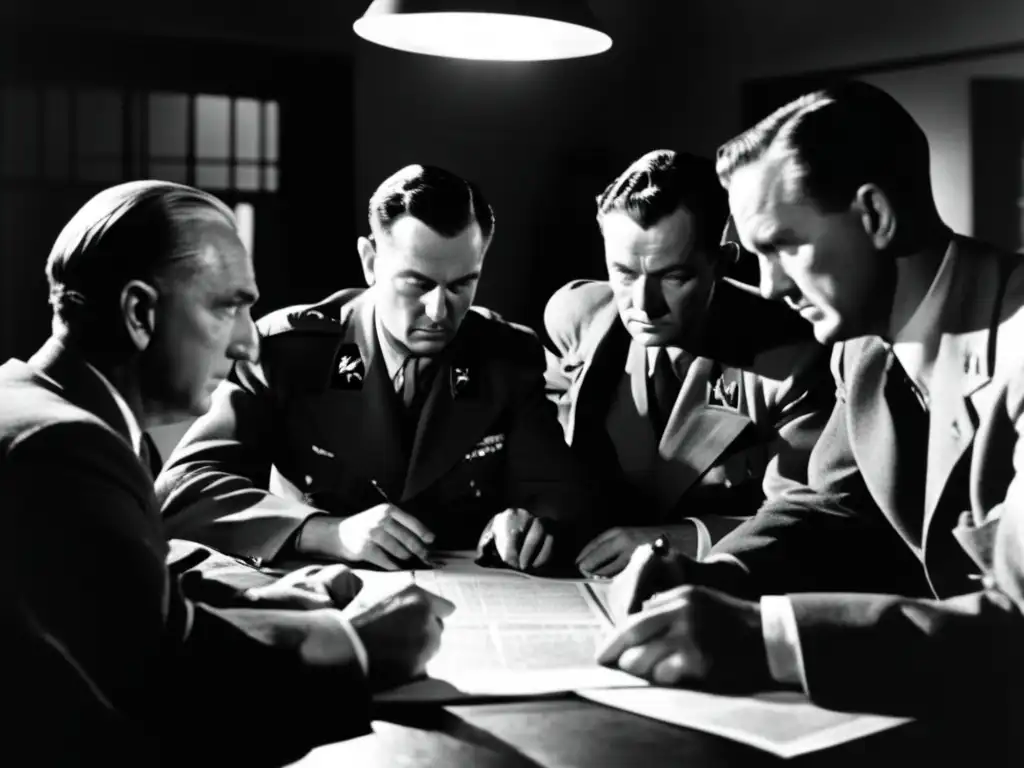 Un grupo de espías notables en plena estrategia durante un conflicto mundial, en una atmósfera de intriga y peligro