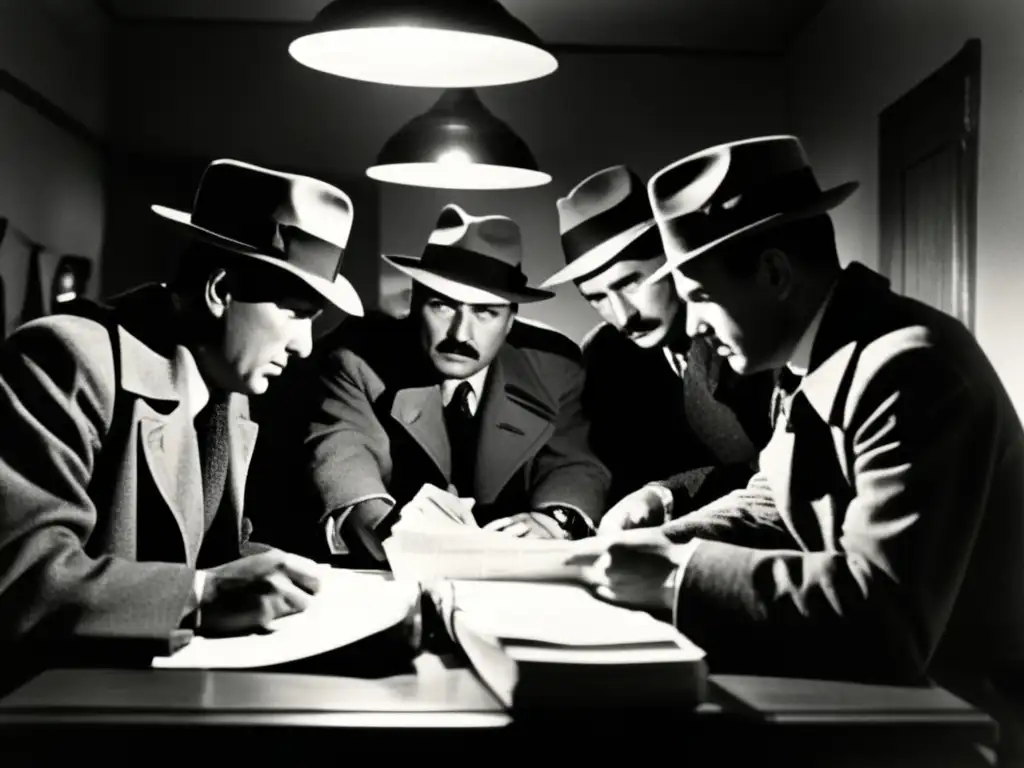 Un grupo de espías soviéticos en una sala llena de equipos de espionaje vintage