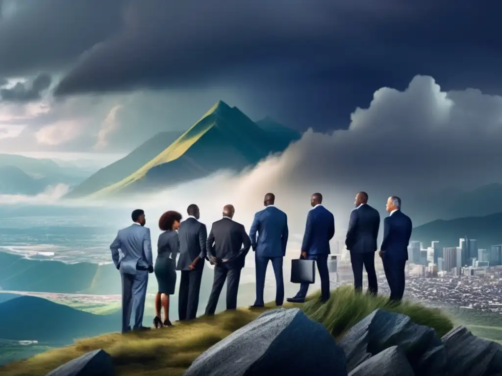 Desafío empresarial: líderes resilientes frente a la tormenta - Un grupo de estrategas del comercio en la economía postcolonial desafiando la tormenta con determinación, unidos y fuertes ante la adversidad