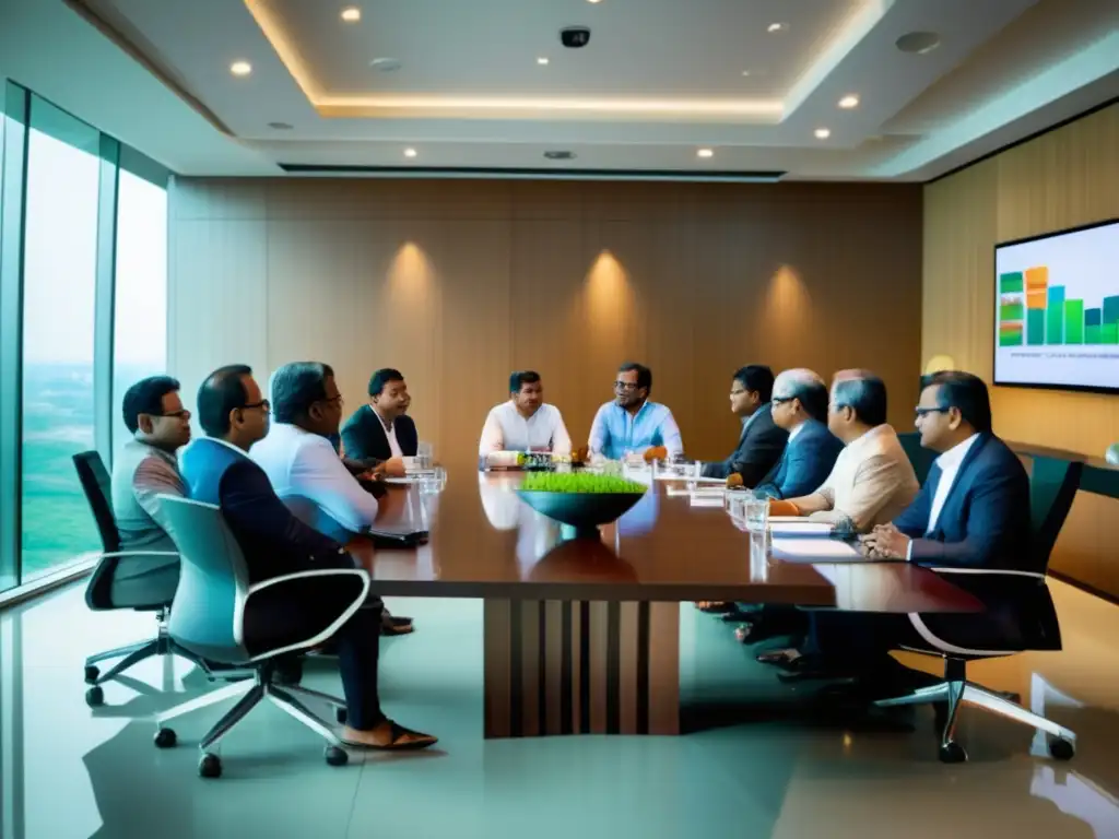 Un grupo de estrategas de desarrollo líderes de Bangladesh cambiando ideas en una moderna sala de conferencias bañada por luz natural
