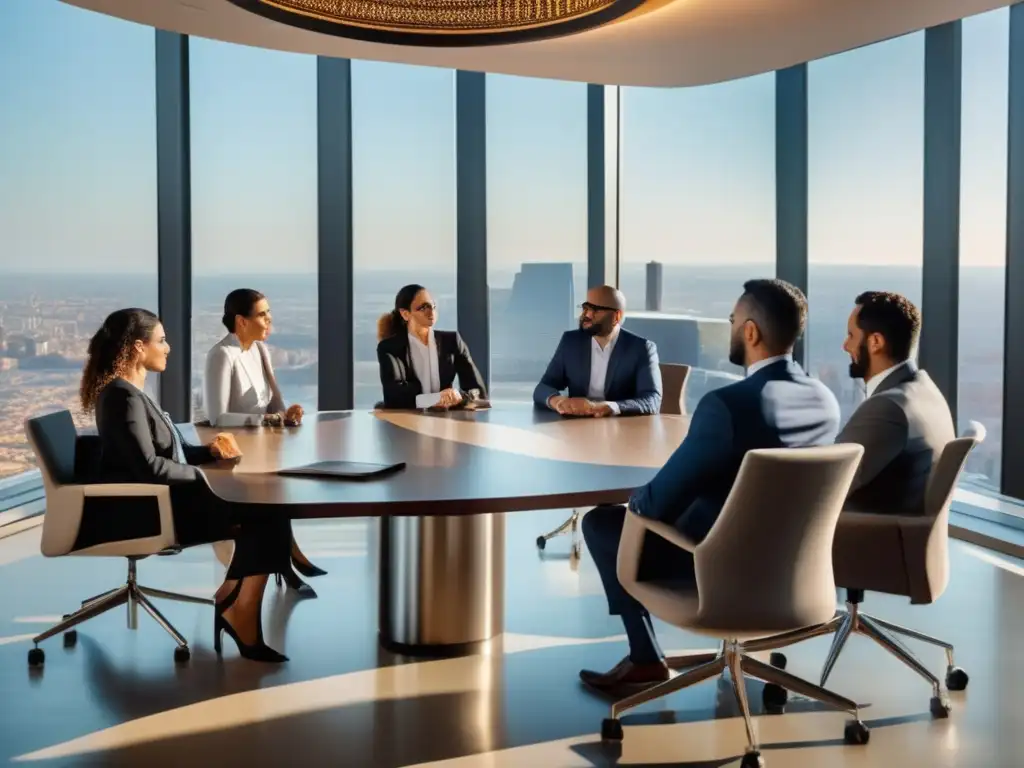 Un grupo de estrategas modernos de Marruecos discuten dinámicamente en una elegante sala de juntas con vistas a la ciudad