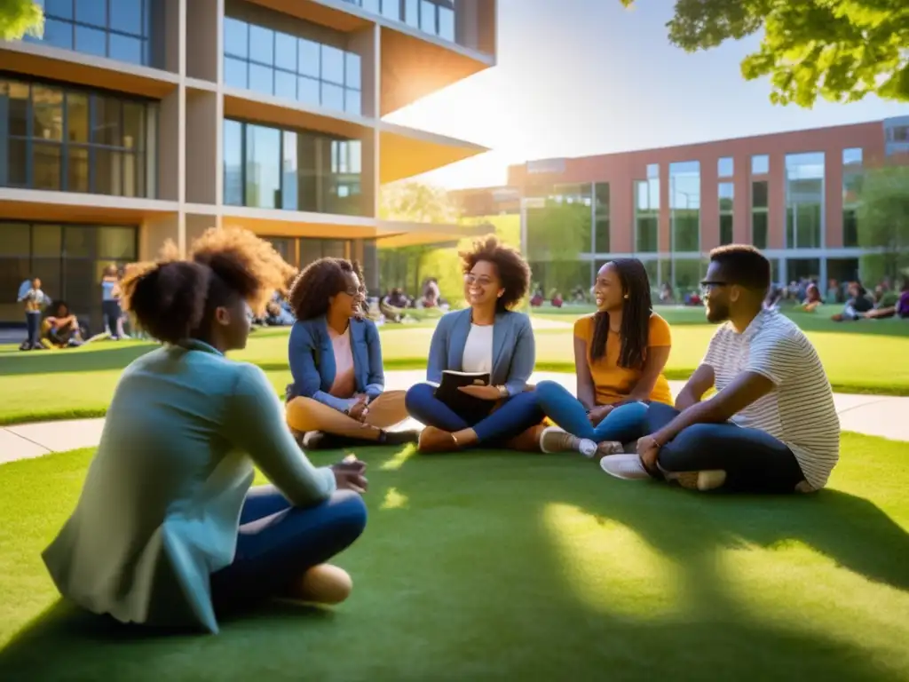 Un grupo de estudiantes diverso y comprometido colaborando en un campus verde, rodeado de arquitectura moderna