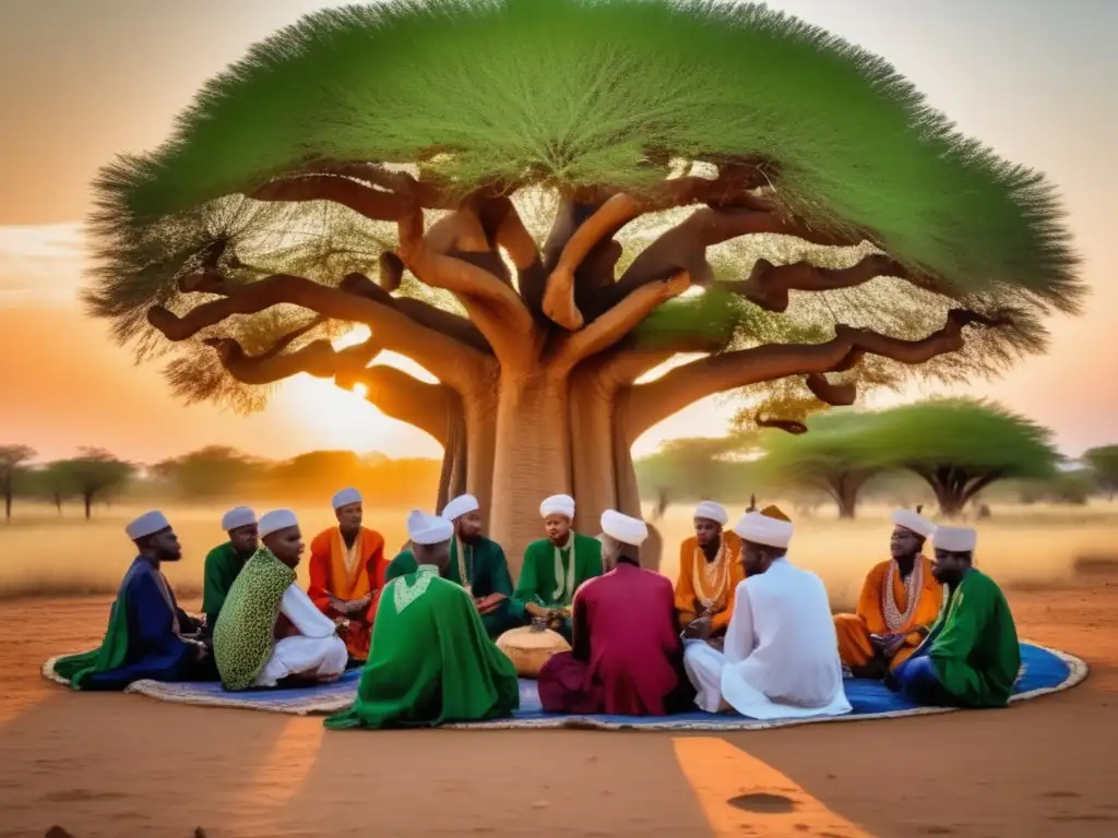 Un grupo de estudiantes sufíes africanos se reúnen bajo un baobab, con sus atuendos vibrantes en contraste con el follaje
