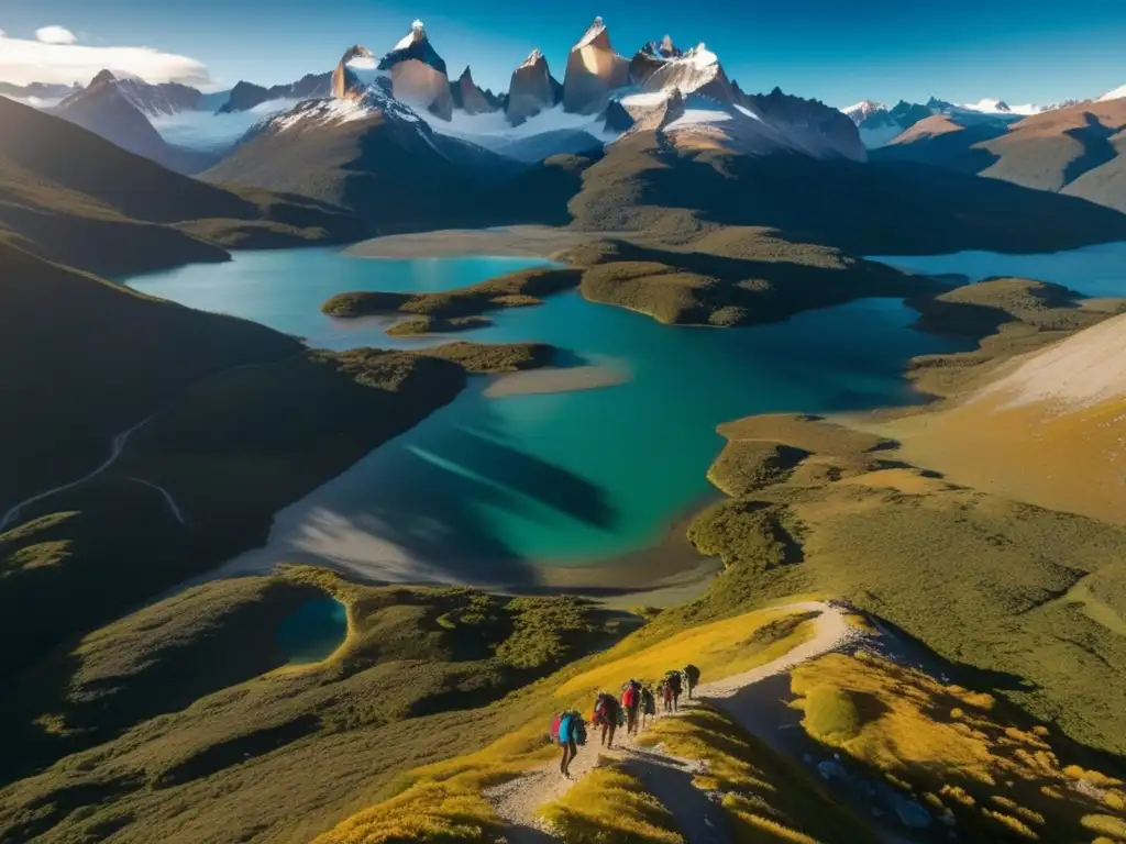 Un grupo de excursionistas atraviesa un sendero en la impresionante naturaleza de Patagonia