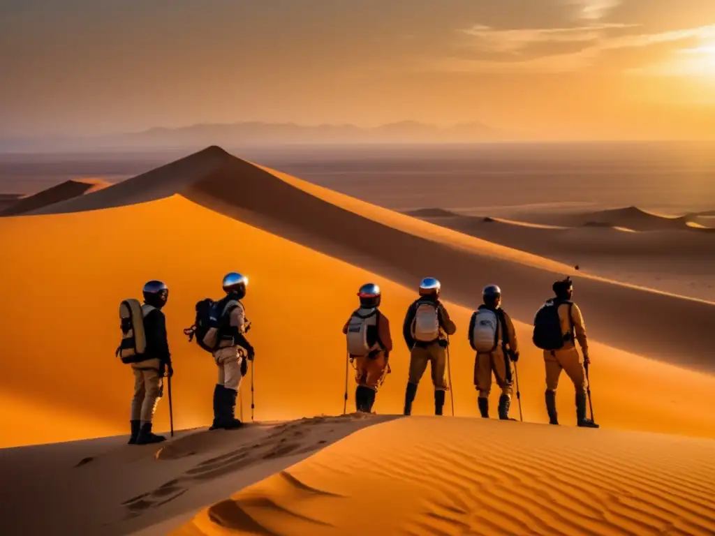 Un grupo de exploradores aventureros contempla el vasto desierto del Sahara desde lo alto de una duna, con el sol dorado creando sombras dramáticas