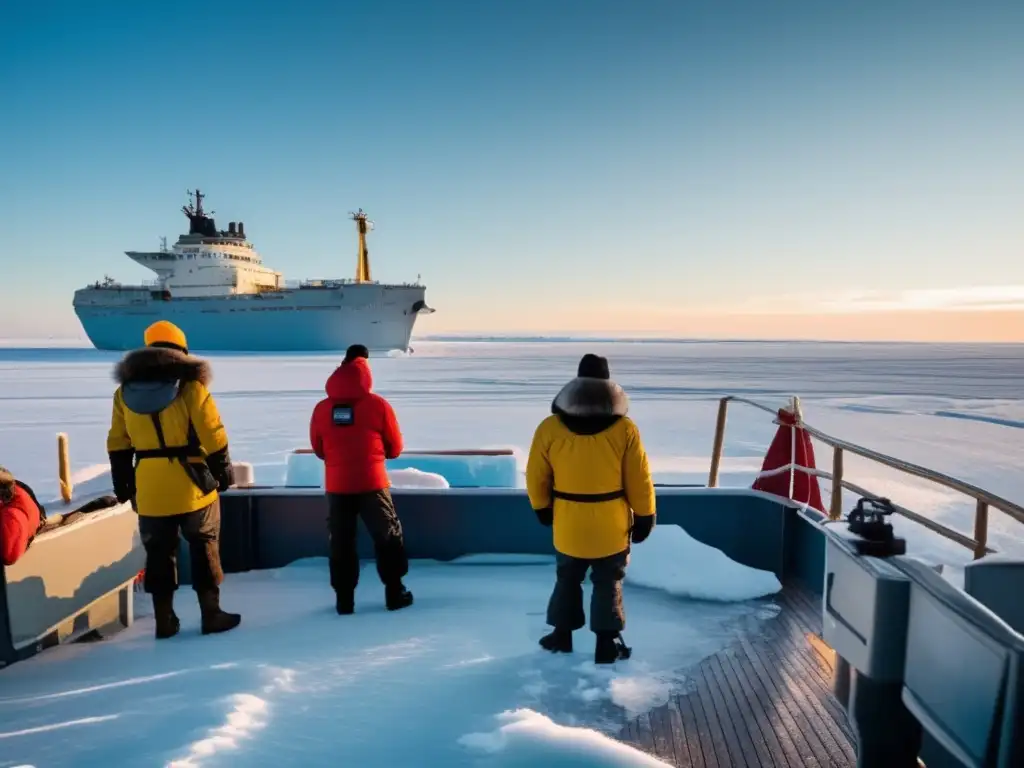 Un grupo de exploradores en equipo invernal en la cubierta de un barco rodeado de aguas heladas, con un vasto paisaje congelado