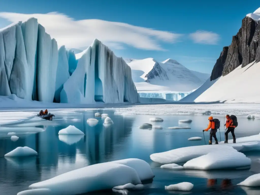 Un grupo de exploradores en equipo, vestidos con ropa para el frío, recorren la nieve en un paisaje ártico con montañas nevadas y un río helado