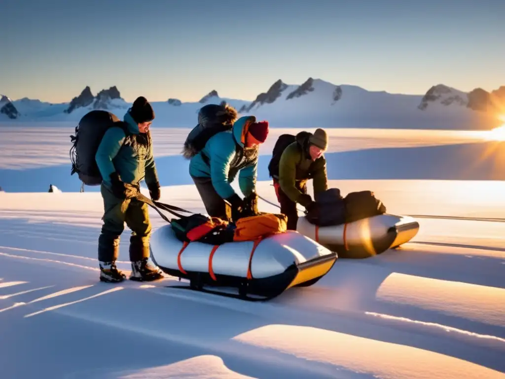 Un grupo de exploradores se prepara para una expedición al Polo Sur, con el sol dorado iluminando el helado paisaje