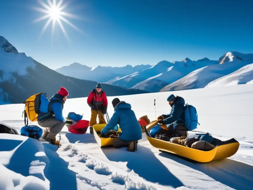 Un grupo de exploradores se prepara para una expedición perdida Sir John Franklin en un paisaje nevado y montañoso