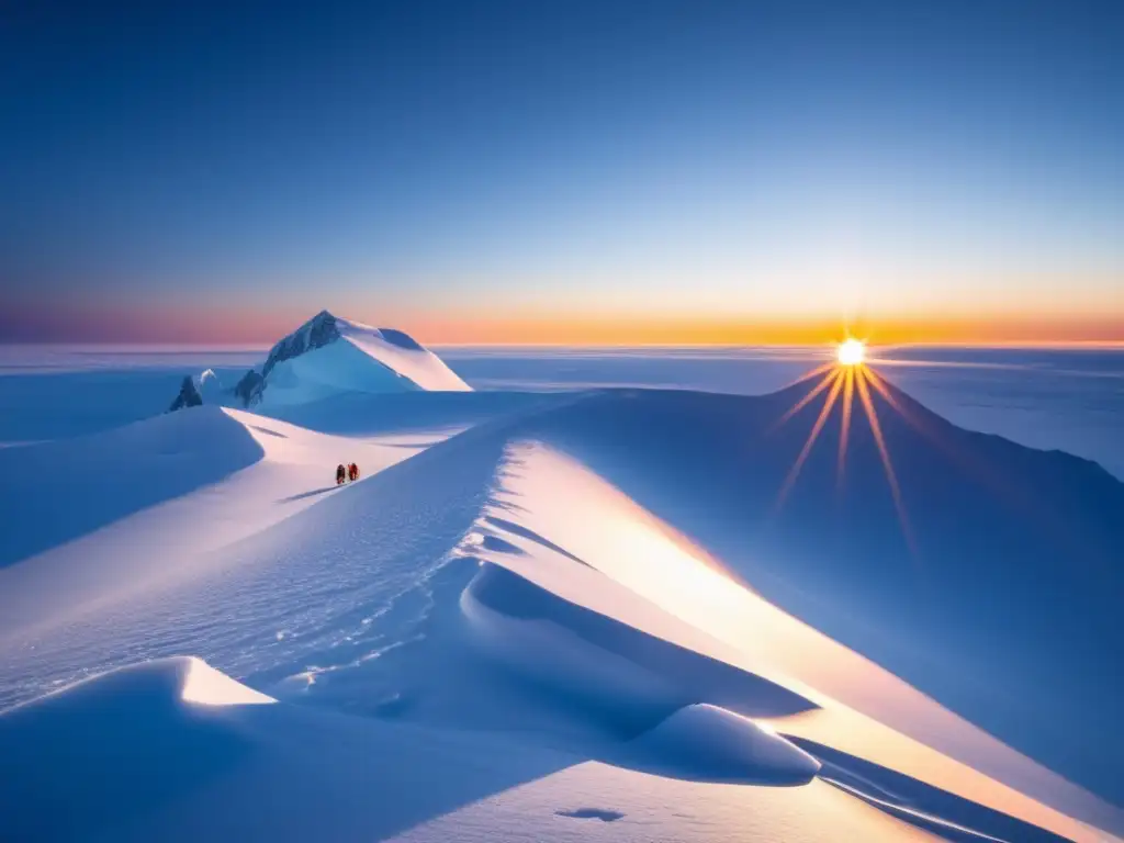 Un grupo de exploradores avanza entre el paisaje polar iluminado por el sol poniente, revelando los misterios de la expedición polar Amundsen