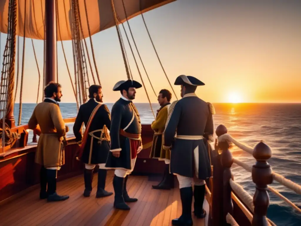 Un grupo de exploradores portugueses en la cubierta de un barco carabela, con el sol poniéndose detrás de ellos, iluminando el océano con luz dorada