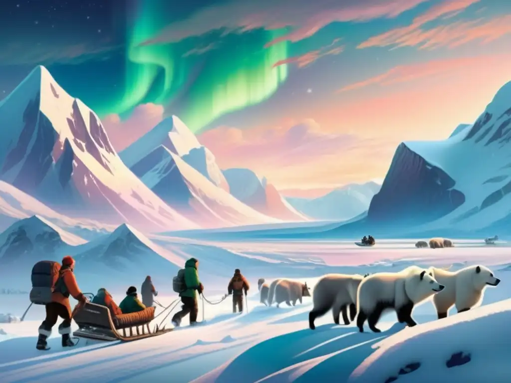 Un grupo de exploradores trudando a través de la tundra helada bajo la aurora boreal, en una expedición perdida Sir John Franklin
