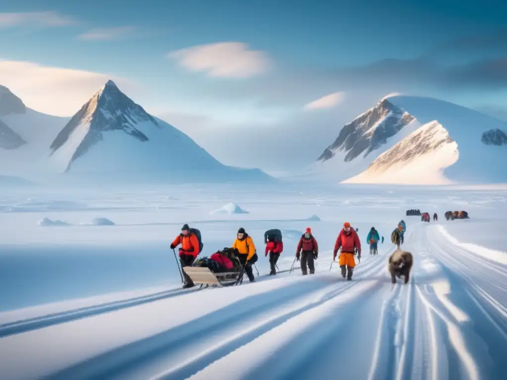 Un grupo de exploradores avanza en la tundra ártica, arrastrando trineos bajo la mirada de imponentes montañas nevadas
