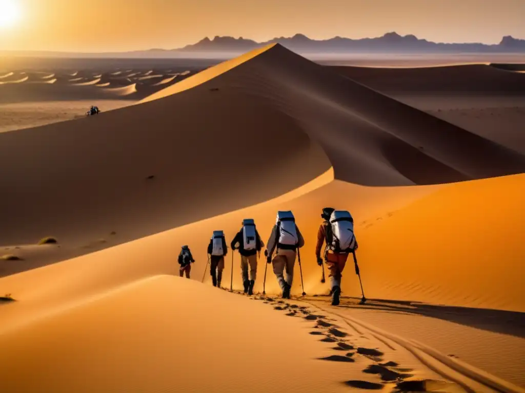Un grupo de exploradores aventurándose en el vasto y árido desierto del Sahara, con imponentes dunas de arena al fondo