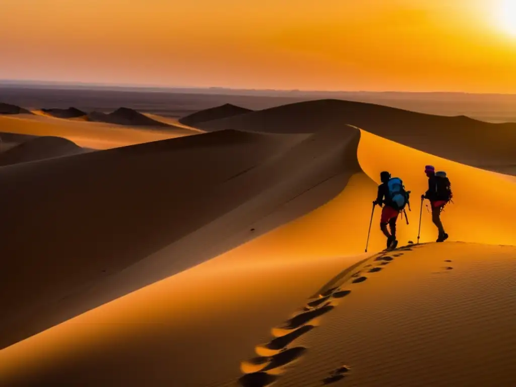 Un grupo de exploradores aventurándose en el vasto y desafiante desierto del Sahara, con siluetas contra un atardecer dorado