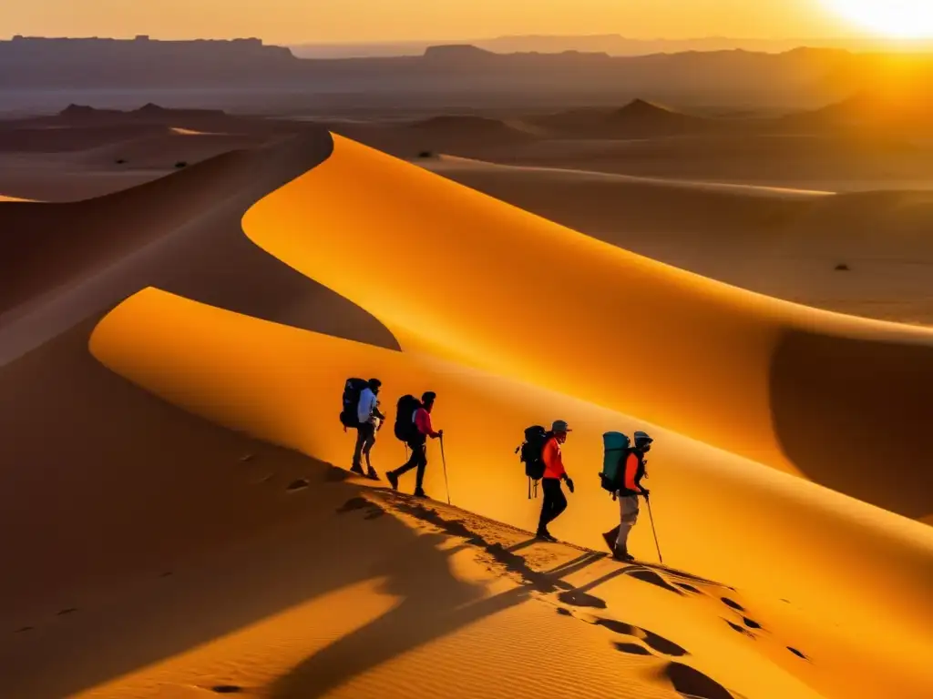 Un grupo de exploradores aventurándose en el vasto desierto del Sahara al atardecer, equipados con cámaras y GPS