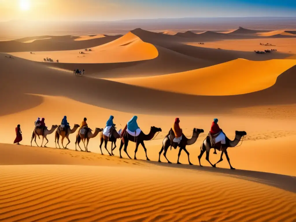 Un grupo de exploradores aventurándose en el vasto y despiadado desierto del Sahara, con camellos y dunas doradas al fondo